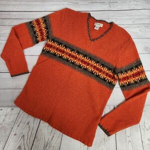Eddie Bauer Orange V-Neck Sweater with Multicolor Fair Isle Band